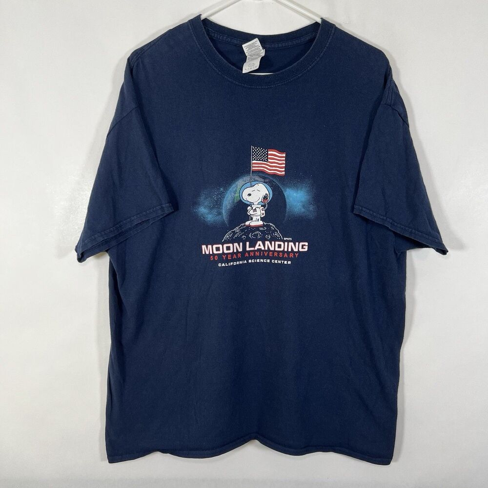 Snoopy Moon Landing Anniversary T Shirt Adult Size XL Navy Blue Gildan Tag USA
